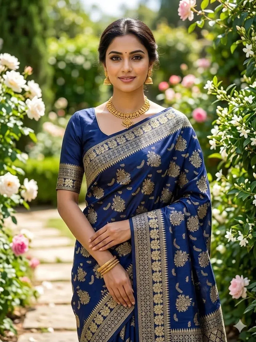 Woman wearing dark blue Banarasi silk saree with gold zari work