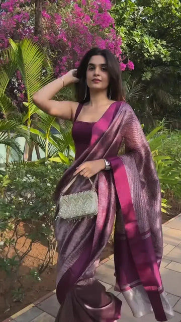 Premium Banarasi Soft Silk Saree - Elegant Metallic Stripes Festive Wear for Women