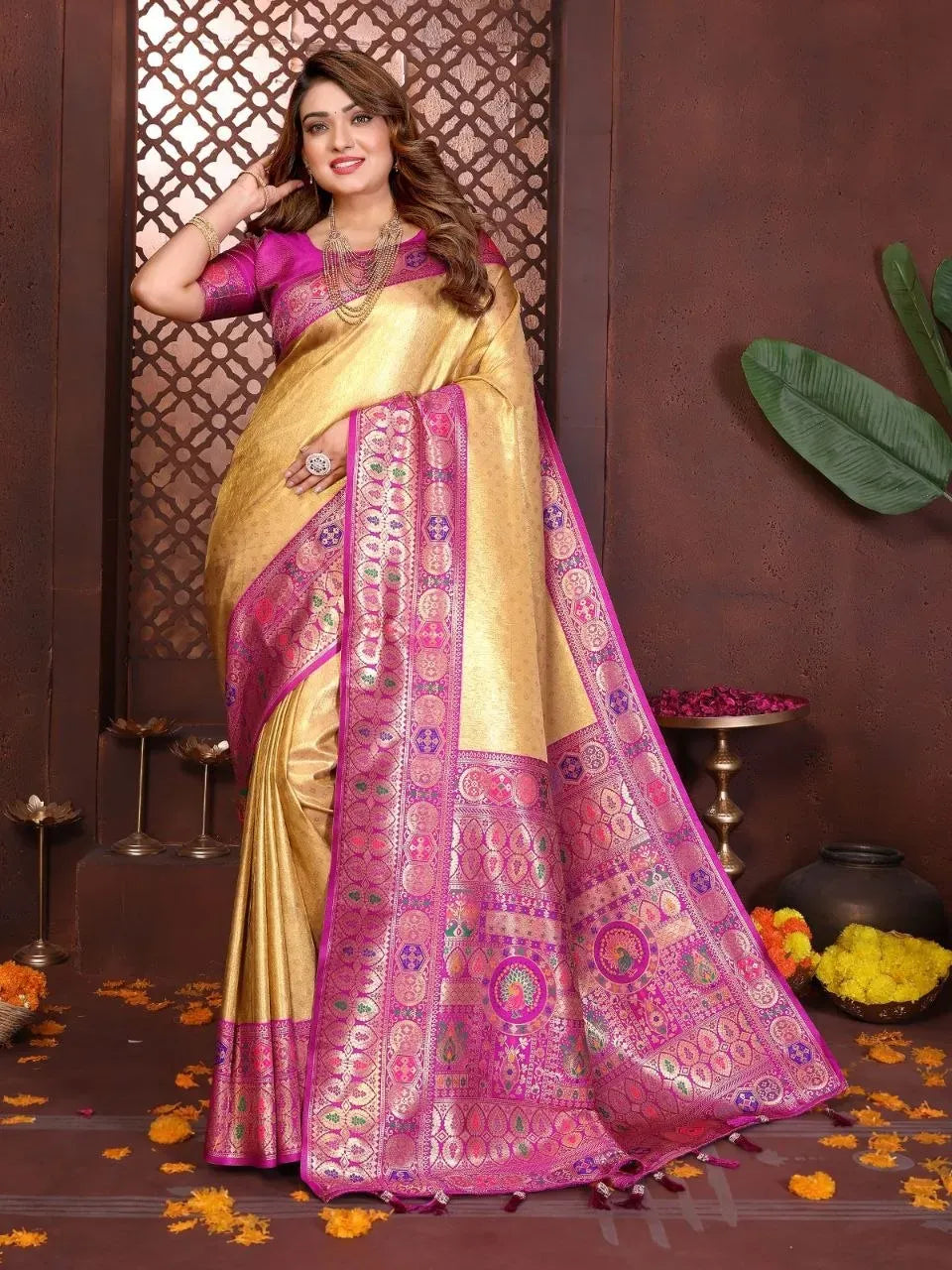 Model wearing gold banarasi tissue silk saree with pink paithani border