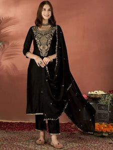 Premium Black Embroidered Kurti Set with Dupatta - Festive Wear for Indian Women