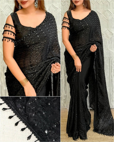 Premium Black Satin Saree - Elegant Festive Wear for Women