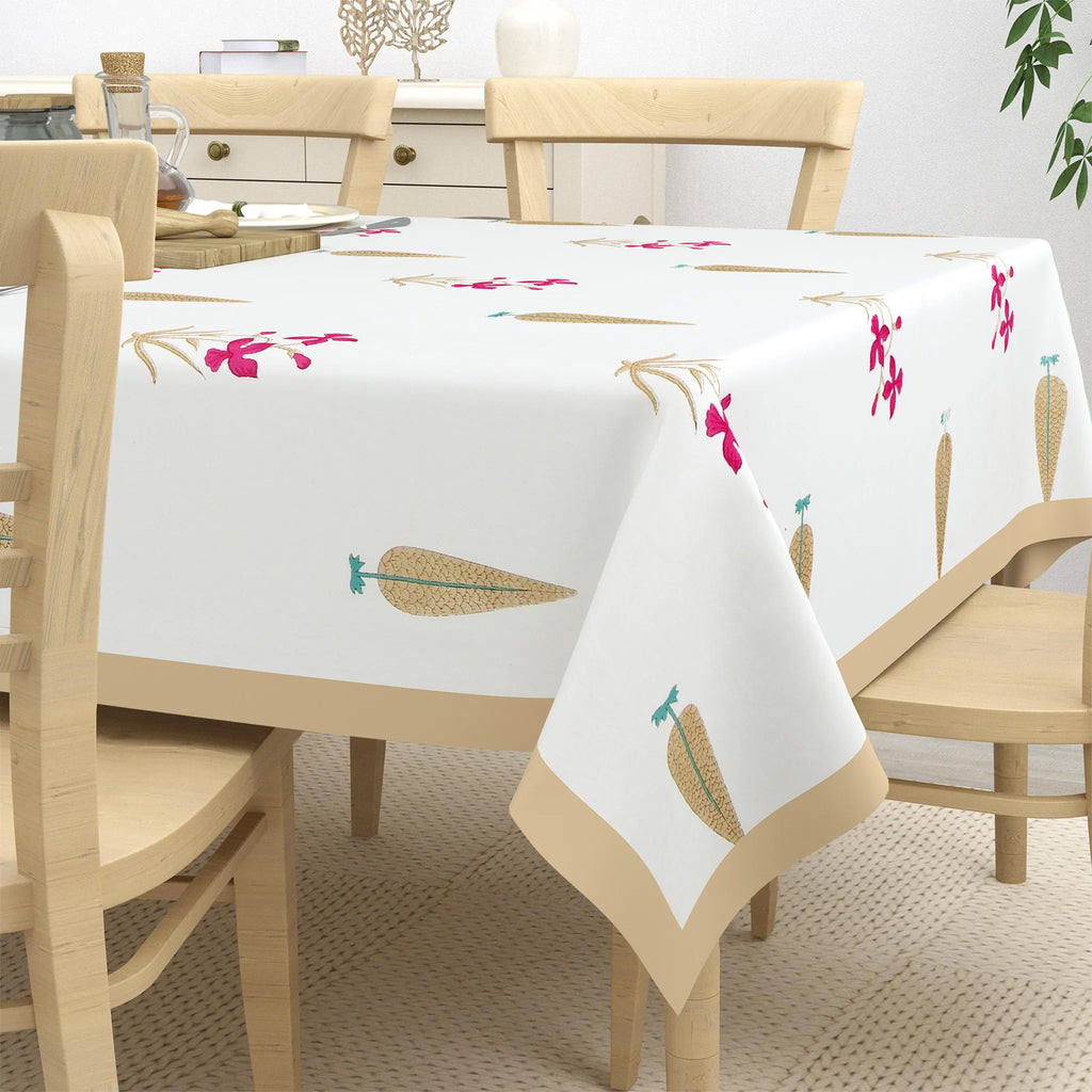 Beige border white canvas dining table cover with pink carrot block print