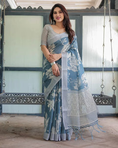Premium Blue Floral Linen Cotton Saree - Elegant Festive Wear