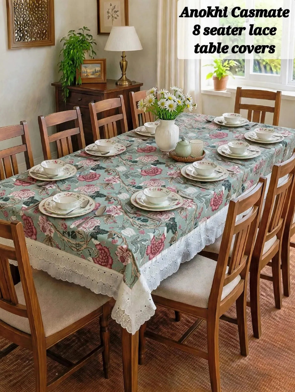 Green floral 8 seater casmate cotton dining table cover with white lace border