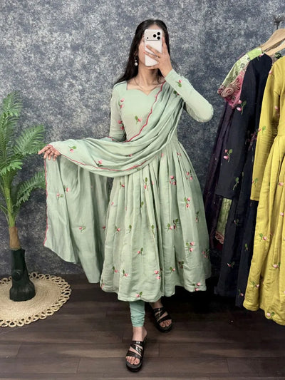 Premium Chanderi Anarkali Suit Set - Elegant Floral Embroidery Festive Wear for Women