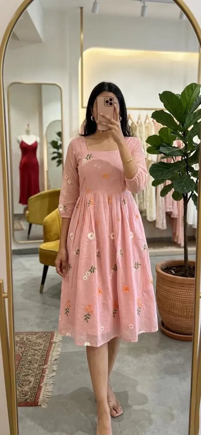 Premium Chanderi Cotton Kurti - Elegant Embroidered Festive Dress for Women
