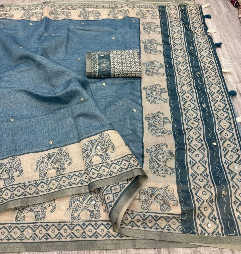 Blue chanderi cotton digital print saree with elephant motifs and mirror work