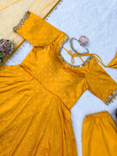 Premium Chanderi Jacquard Anarkali Suit Set - Elegant Real Mirror Work Festive Wear for Women