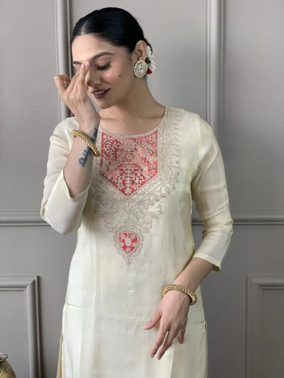 Premium Chanderi Kurta Pant Set with Embroidered Chinon Dupatta - Elegant Festive Wear for Women