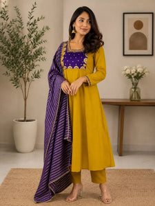 Premium Chanderi Kurti Set - Elegant Sequence Embroidery Festive Wear