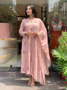Premium Chanderi Kurti Set with Dupatta - Elegant Floral Embroidery Festive Wear for Women