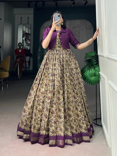 Premium Chanderi Printed Dress with Koti - Elegant Zari Weaving Festive Gown for Women