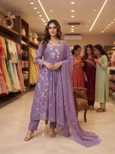 Premium Chanderi Salwar Suit Set - Elegant Sequin Embroidery Festive Wear