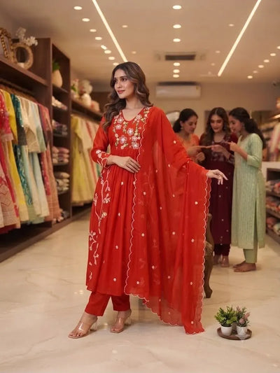 Premium Chanderi Salwar Suit Set - Elegant Sequin Embroidery Festive Wear