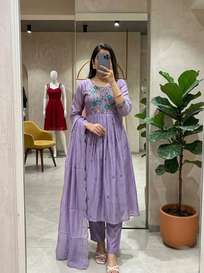 Premium Chanderi Suit Set - Elegant Floral Embroidery for Festive Wear