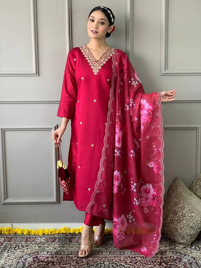 Premium Chanderi Suit Set with Printed Chinon Dupatta for Women