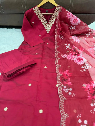 Premium Chanderi Suit Set with Printed Chinon Dupatta for Women