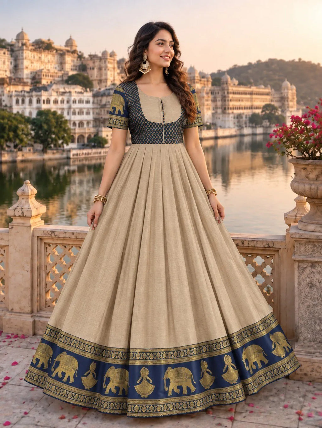 Woman in beige floor length Chettinad cotton Anarkali gown with elephant motif borders posing near lake palace