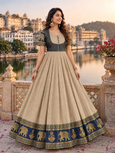 Premium Chettinad Cotton Anarkali Gown with Traditional Heritage Border for Festive Wear