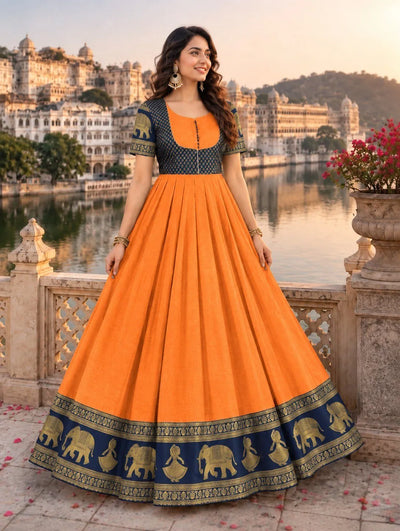 Premium Chettinad Cotton Anarkali Gown with Traditional Heritage Border for Festive Wear