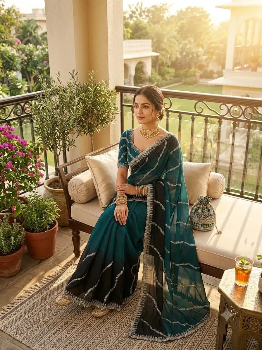 Model wearing teal green chiffon saree sitting on a balcony couch