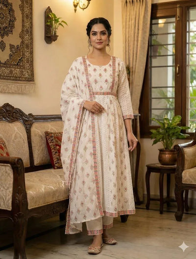 Premium Chikankari Anarkali Kurti Set - Mirror & Lace Work for Women
