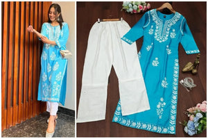 Premium Chikankari Kurti Pant Set - Festive Wear for Women