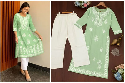 Premium Chikankari Kurti Pant Set - Festive Wear for Women