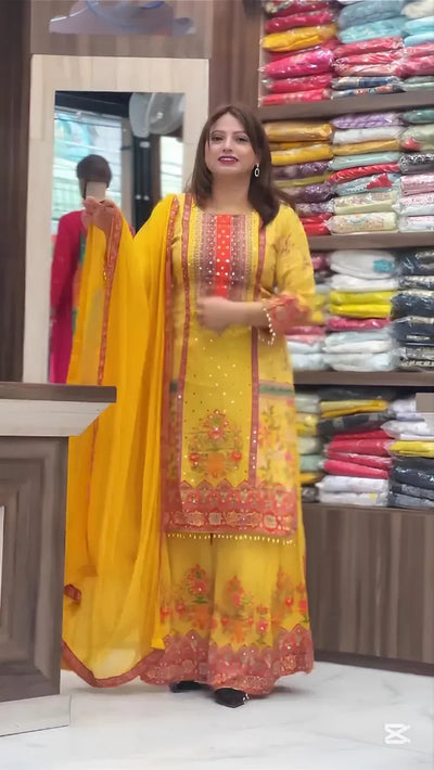 Premium Chinnon Silk Kurti Palazzo Set with Mirror Work