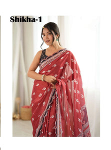 Premium Chinon Digital Block Print Saree with Mirror Work for Festive Wear