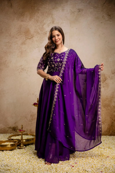 Premium Chinon Embroidered Anarkali Dress - Festive Gown with Dupatta | Sizes S-XXL
