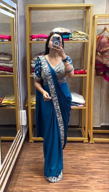 Premium Chinon Ready to Wear Drape Saree with Embroidered Blouse