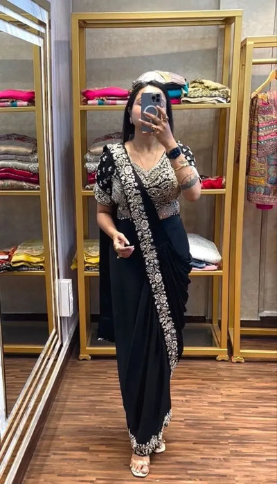 Premium Chinon Ready to Wear Drape Saree with Embroidered Blouse