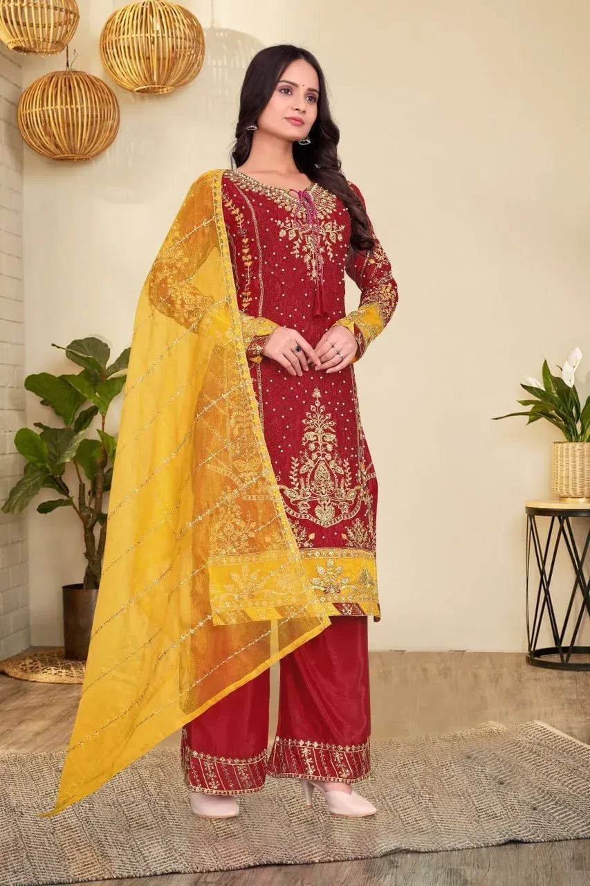 Full length front view of model in maroon chinon sharara set