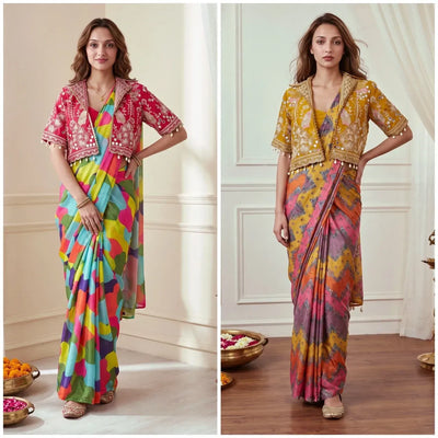 Premium Chinon Silk Ready-to-Wear Saree - Designer Festive Wear with Jacket for Women