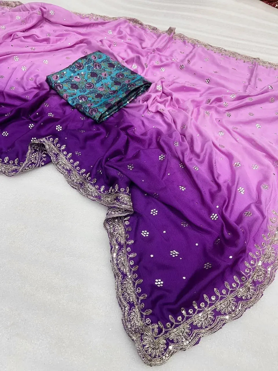 Unfolded purple and lavender gradient Chinon silk saree with intricate border