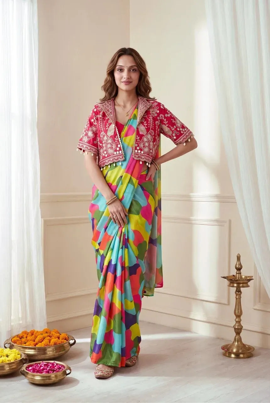 Model wearing multi-color camouflage print ready to wear saree with pink embroidered jacket
