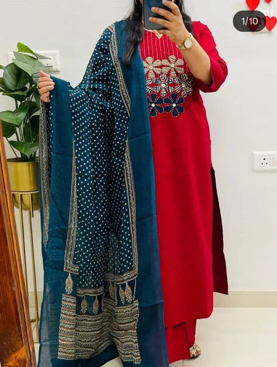 Premium Cotton A-Line Kurti Set - Heavy Embroidery for Festive Wear