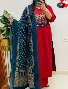 Premium Cotton A-Line Kurti Set - Heavy Embroidery for Festive Wear