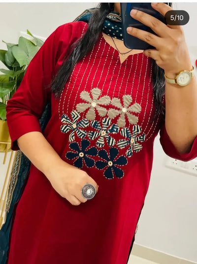 Premium Cotton A-Line Kurti Set - Heavy Embroidery for Festive Wear