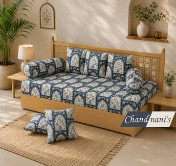Premium Cotton Diwan Set - Elegant Blue Arch Print with 5 Cushion and 2 Bolster Covers