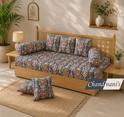 Premium Cotton Diwan Set - Elegant Blue Arch Print with 5 Cushion and 2 Bolster Covers