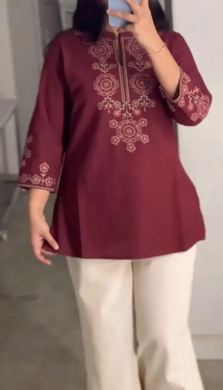 Maroon cotton flex cord set with embroidery on model front view