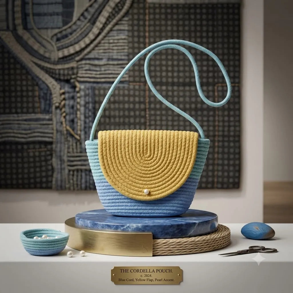 Blue and yellow cord crossbody pouch with pearl accent on a display stand