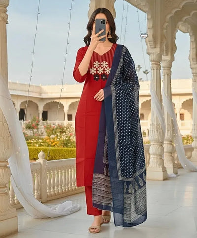 Premium Cotton Kurta Set - Embroidered Festive Wear for Women