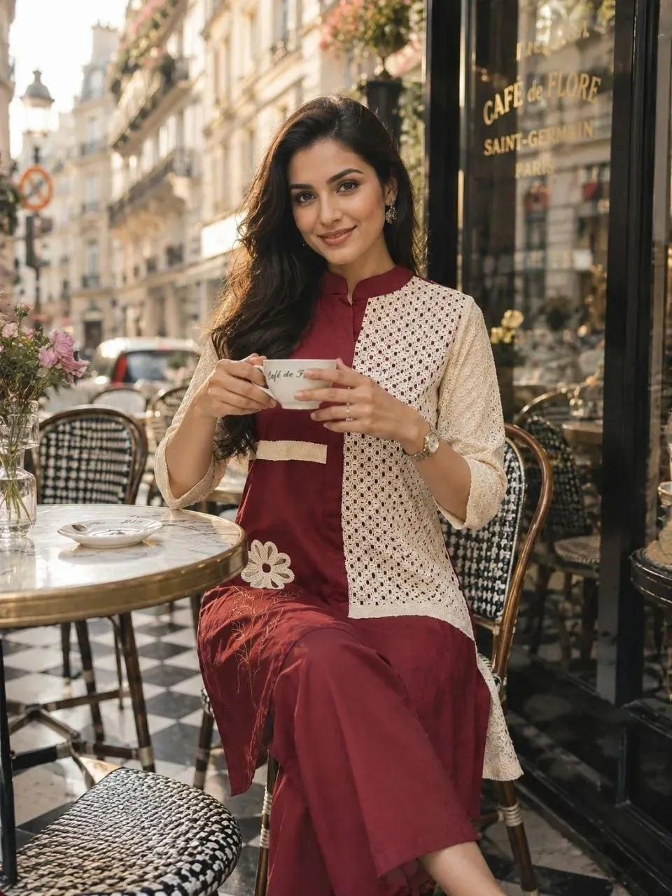 Model sitting at outdoor cafe wearing maroon cotton kurti holding a cup