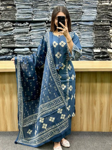 Premium Cotton Kurti Pant Dupatta Set - Handcrafted Hand Work for Women's Festive Prep