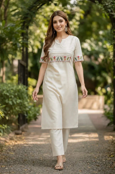 Premium Cotton Kurti Set - Designer Embroidery with Ankle-Length Pant for Women