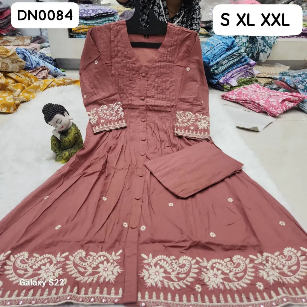 Dusty pink pure mull cotton 2-piece kurti set with white embroidery flat lay
