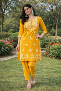 Premium Cotton Kurti Set - Elegant Floral Embroidery Festive Wear for Women